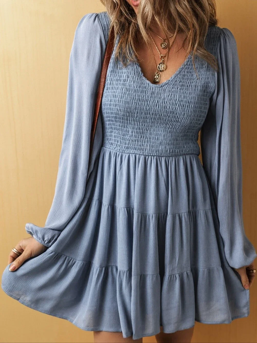 Altar'd State Dress M NWOT Blue Smocked Boho Mini Tiered Long Sleeve CC - Picture 3 of 13